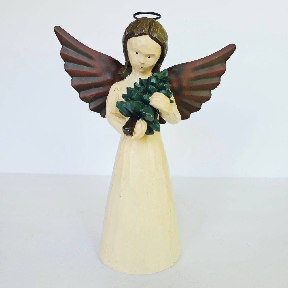 Vintage Angel Figurine Metal Wings and Christmas Tree Rustic Holiday Decor 8.5"
